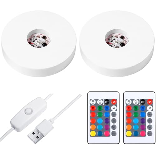 Mudder 2 Pcs Light LED Base Wood LED Display Base for Glass Art Decor Crystal Acrylic Resin, 16 Colored USB Light with Remote Wooden Round Lamp Stand for 3D Crystal Ball Room Home Decor(White) - color: White