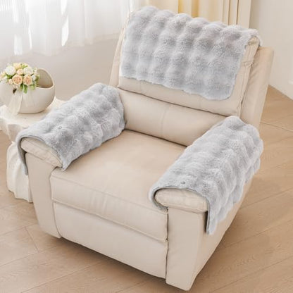 vctops 3 Pieces Faux Rabbit Fur Sofa Armrest Cover for Recliner Chair Non Slip Fluffy Furry Headrest Cover Soft Fuzzy Couch Cover for Dogs Washable Furniture Protector (Light Grey,1 Seat) - color: Light Grey