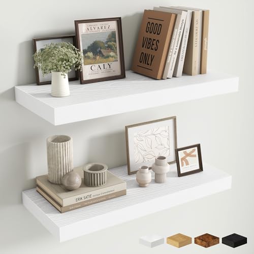 Fun Memories 24 x 10 Floating Shelves Wall-Mounted - Rustic Wood Shelf - 10 Inch Deep Floating Shelves for Wall - Large Storage Shelf for Bathroom - Kitchen & Bedroom - White - Set of 2 - color: Modern White, size: 24W x 10D x 1.5H