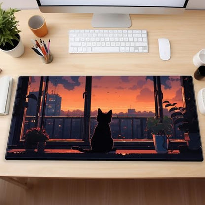 Anime Cat Sunset Desk Mat, Cozy Window View Large Mouse Pad 31.5x15.7 in | Cozy anime cat sunset desk pad with 3mm plush cushion, smooth fabric top, and non-slip rubber core. - color: Lofi Cat
