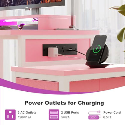 Small Gaming Desk with 2 Fabric Drawers - Reversible Computer Desk with Power Outlet & LED Lights, 49" Office Desk with Monitor Stand & Storage Shelves, Writing Study Table with Pegboard, Pink - color: Pink