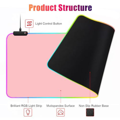 Lomiluskr RGB Large Gaming Mouse Pad, Extended Mouse Pad with 12 Lighting Effects, Water Proof Mutispandex Surface, Non-Slip Rubber Base, 80x30 cm / 31.5×11.8 in (Pink) - color: Pink