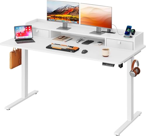 DEVAISE 55 Inch Electric Standing Desk with Shelf, Adjustable Computer Desk for Home Office, with LED Touchscreen, Headphone Hook, 3 Memory Preset, with One-Piece Desktop, White - color: White, size: 55 Inch / One-Piece Top/ with Shelf