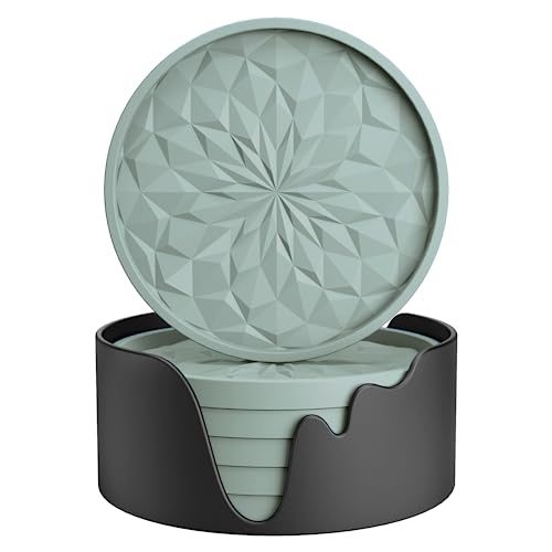 ME.FAN Silicone Coasters with Holder,[6 Pack] Drinking Coasters - Cup Mat for Hot or Cold Drinks, Thickened, Non-Slip, Non-stick,Deep Tray Desert Sage - color: Desert Sage