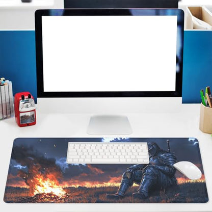 Medieval Knight Gaming Mouse Pad Dark Fantasy Magic Campfire Large Desk Mat Extended Large Laptop Keyboard Non-Slip Rubber Base with Stitched Edges for Home 31.5 x 11.8 Desk Home Office Gaming - color: Medieval Knight, size: 31.5" x 11.8"