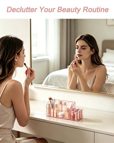Makeup Tray Holder Organizer Cosmetic Display Case Tabletop Desktop Vanity Countertop Bathroom Wall Cabinet Medicine Storage Box 9 Dividers 2 Removable Women Ladies Girls Gifts Crystal Pink 1 PACK - color: Crystal Pink