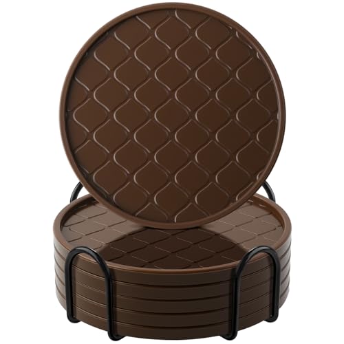 Coasters Set of 6,Hot or Cold Drink Coasters with Holder,Modern Style Coffee Table Coaster,Suitable for Kinds Cups Beer,Drink,Anti-Overflow Tabletop Protection(Coffee, 6pcs) - color: Coffee, size: 6 pcs