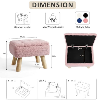OGEMXU Storage Ottoman, Small Foot Stool Ottoman with Storage, Boucle Teddy Velvet Foot Rest with Padded Seat, Sturdy Wood Legs Stool for Living Room, Bedroom, Couch, Enterway (Pink) - color: Pink