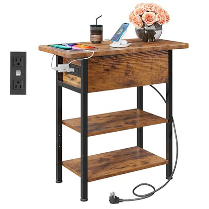 WLIVE End Table with Charging Station, Flip Top Narrow Side Table with Storage Shelf, Small Nightstand with USB Ports and Outlets,Bedside Table for Living Room, Bedroom,11.81" D x 23.62" W x 24.33" H - color: Rustic Brown