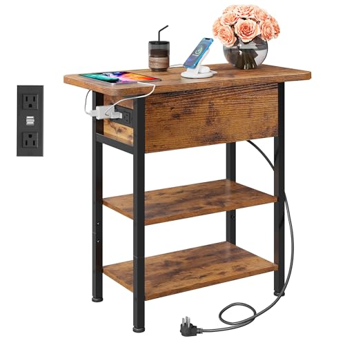 WLIVE End Table with Charging Station, Flip Top Narrow Side Table with Storage Shelf, Small Nightstand with USB Ports and Outlets,Bedside Table for Living Room, Bedroom,11.81" D x 23.62" W x 24.33" H - color: Rustic Brown