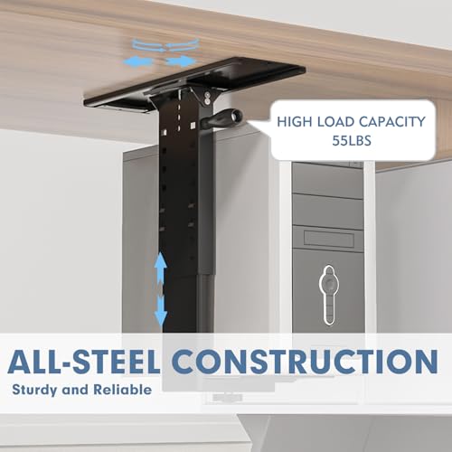 Under Desk PC Mount with Sliding Rail, 55 lbs Load Capacity, Height and Width Adjustable CPU Holder with 360° Swivel, Computer Case CPU Machine Holder Stand with Swivel and Secure Locking