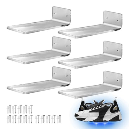 6Pcs Floating Shoe Display Shelf with LEDs, 8 x 3.9 Inch Clear Acrylic Wall Mounted Sneaker Rack, Glowing Levitating Shelves with 15 Screw Kits for Bedroom Gaming Room Shoe Store