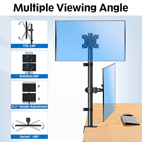 MOUNTUP Dual Monitor Stand, Vertical Monitor Mount for 2 Max 32 inch Stack Screen Monitors, Height Adjustable, Swivel, Tilt Monitor Desk Mount with C Clamp Grommet Base, Home Office - size: Dual