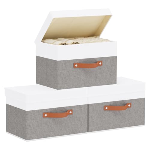 3 Pack Storage Baskets with Lids, Storage Bins, 15 x 9.8 x 9.8 Inch Closet Organizer Boxes with Double Handles for Shelves, White and Grey - color: White/Grey, size: 15x9.8x9.8in(3-Pack)