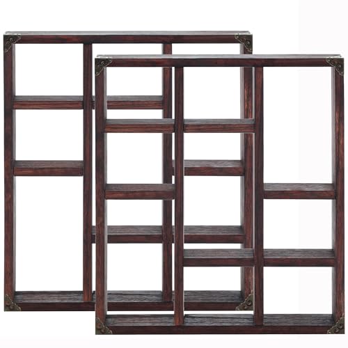 17.7x15.7-Inch Shadow Box Shelf 9-Slot Rustic Floating Shelves Larger Wall Mounted Shelf Lightweight Solid Wood Display Shelf Freestanding Farmhouse(Set of 2,9C-Rustic Walnut) - color: 9c-rustic Walnut, size: 2 PCS