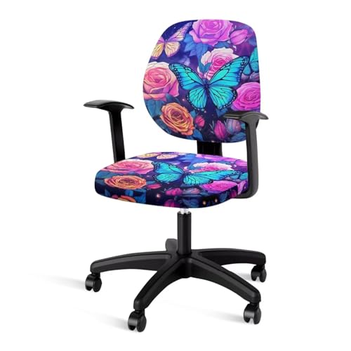 Butterfly Flower Office Chair Covers 2 Piece Stretchable Office Chair Seat Cover Soft Fit Universal Desk Rotating Chair,Computer Chair Washable Chair Cover Decorative for Women Men - color: Butterfly Flower