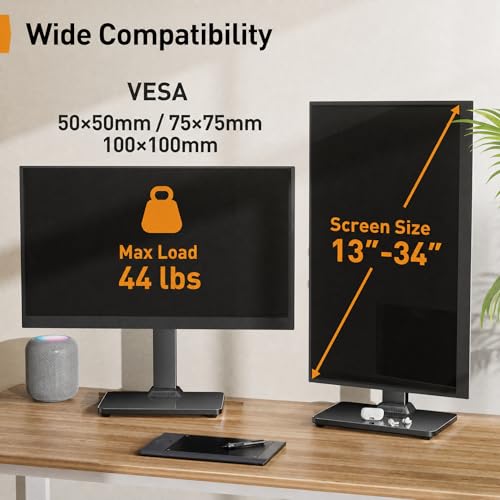 Perlegear Single Monitor Stand for 13-34 Inch Screens, Universal Small TV Stand with Swivel, Tilt, 360° Rotation and 5 Height Settings, Holds 44 lbs for Office, Max VESA 100x100mm, PGTVS29 - style: Single Monitor Stand