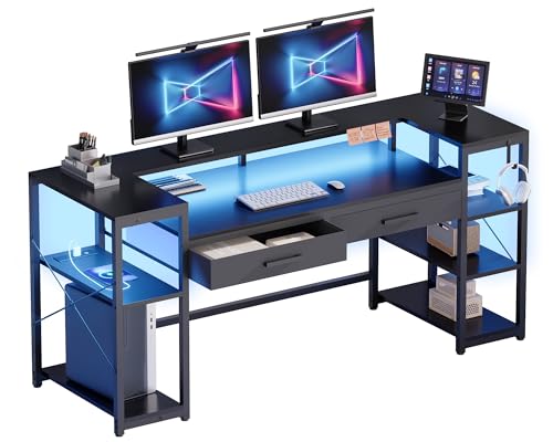 Pamray 58 Inch Computer Desk with Monitor Stand and Shelves Gaming Desk with LED Lights & Power Outlets PC Vanity Table with 2 Drawers for Home Office Black - color: Black