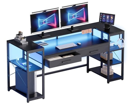 Pamray 58 Inch Computer Desk with Monitor Stand and Shelves Gaming Desk with LED Lights & Power Outlets PC Vanity Table with 2 Drawers for Home Office Black - color: Black