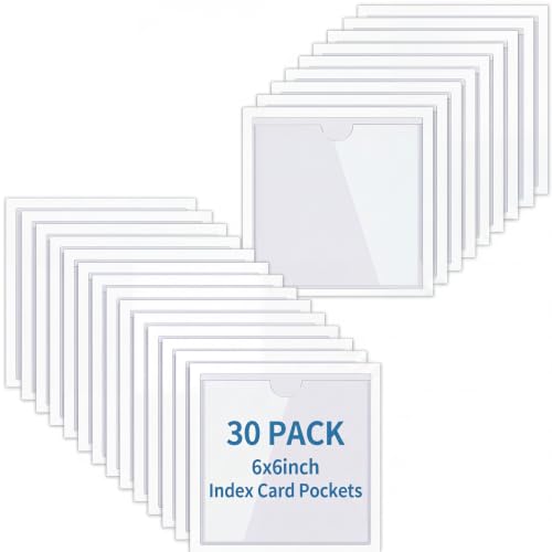 30 Pack Self-Adhesive Index Card Pockets with Top Open for Loading - Ideal Index Card Holder for Organizing and Protecting - Crystal Clear Plastic(6 x 6 Inches) - size: 6 x 6 Inches