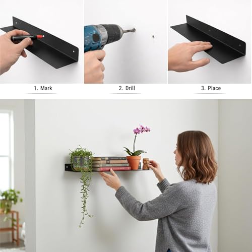 SIMOND STORE Linear Floating Shelf-Heavy Duty Steel Shelf (24" x 8" x 2.5") | Industrial Metal Wall Mounted Shelf, DIY Design, Powder Coated Black - size: 24-inch X 8-inch Powder Coated Black-V2