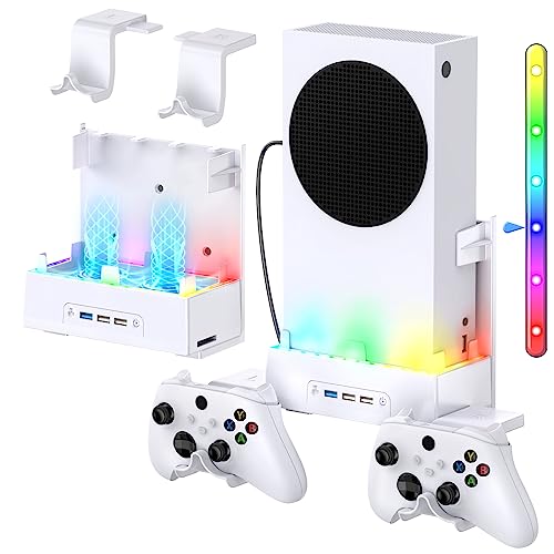 Wall Mount for Xbox Series S, MENEEA Wall Mount Kit Accessories with Adjustable Cooling Fan, RGB LED Light Strip, USB Port, Controller Hook, Secure Fit for Xbox Series S Consoles | White