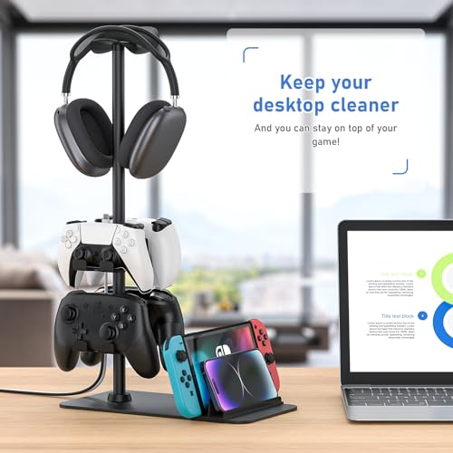 MANMUVIMO Headset Stand Controller Holder for 1 Headset and 4 Controller, Headphone Game Controller Stand for Desk, Gamer Gifts, Organizer Rack for iPad/Mobile Phone, Gaming Room Accessories - size: 1 Headphone 4 Controller Holder Black