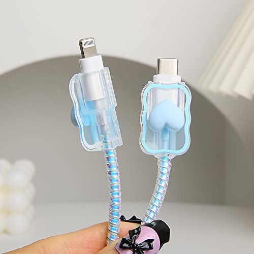 Compatible with iPhone 18W/20W USB-C Charger Cover Lovely 3D Love Heart Waves Clear Soft Charger Protector Cute Cable Saver for iPhone 11 12 13 14 Pro Max Fast Power Adapter, Blue 1 (5in1) - color: Blue 1 (5 in 1)