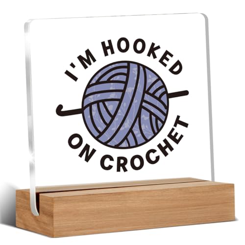 Funny Crochet Knitting Gifts for Crocheters, Crocheting Gifts for Yarn Lovers Friends Coworker, I'm Hooked on Crochet Acrylic Plaque Desk Signs Decor 4 × 4 Inches - color: HOOKED