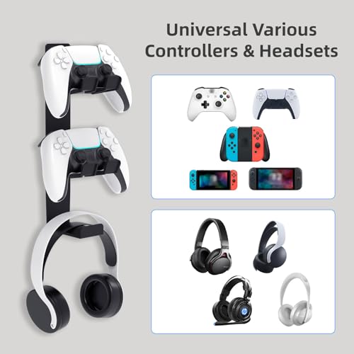 ZYTHRONE Dual Controller Holder Wall Mount, Metal Headset Stand for PS5, PS4, with Stable 3M Adhesive, Strong Adhesive by Screws, Black