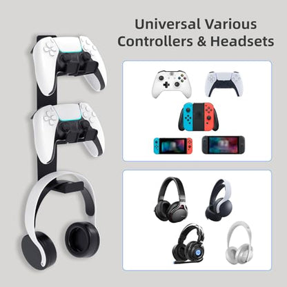 ZYTHRONE Dual Controller Holder Wall Mount, Metal Headset Stand for PS5, PS4, with Stable 3M Adhesive, Strong Adhesive by Screws, Black