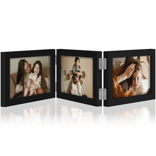 decorUhome Black Triple 6x4 Picture Frame Horizontal, MDBK08 | "Z" Shape Folding Design Engineered Wood Trifold Photo Frame with Plexiglass for Tabletop Display - color: Black, size: 6x4