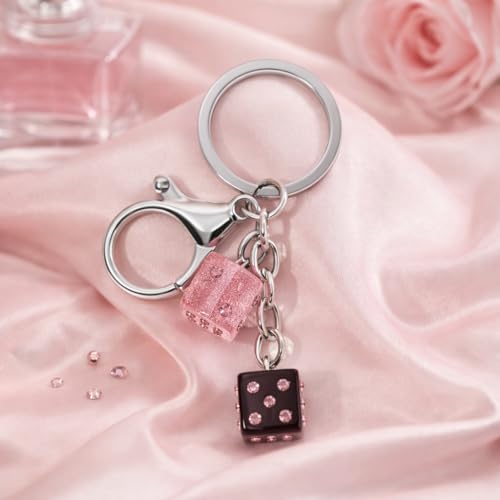 Dice Keychain – Luckly Keychains Bag Charms for Women with Pink Glitter and Crystal Studs, Cool Key Chains Gifts for Game Lovers