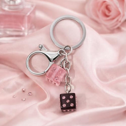 Dice Keychain – Luckly Keychains Bag Charms for Women with Pink Glitter and Crystal Studs, Cool Key Chains Gifts for Game Lovers