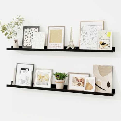 Picture Ledge Shelf, Floating Shelves Set of 2, 40 Inches Solid Wood Nursery Book Shelves for Toys Storage, Kids Bookshelf Wall Mounted for Living Room Bedroom Decor Books Photo Frames, Black - color: Solid Pine Wood Black Finish, size: 40in