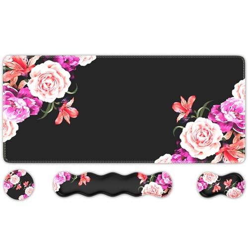iLeadon Mouse Pad Set, Desk Mat + Mouse Pad with Wrist Rest + Keyboard Wrist Rest + Coaster, Mouse and Keyboard Pad Set with Stitched Edge & Non-Slip Base, Desk Pad Mat for Work Gaming, Peony Flower - color: Peony Flower