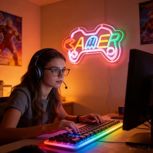 Gamer neon sign for teen girl room decor,Pink Neon Signs with USB and Dimmer switch,Gamer Neon Signs for wall decor,game room,kids,gift - size: gamer-pink