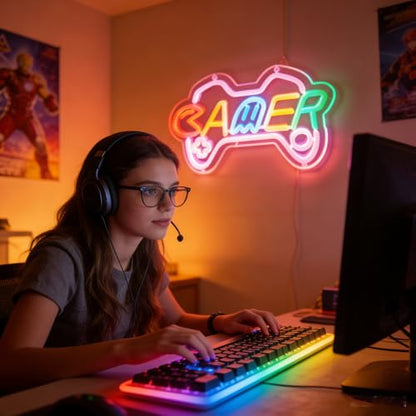 Gamer neon sign for teen girl room decor,Pink Neon Signs with USB and Dimmer switch,Gamer Neon Signs for wall decor,game room,kids,gift - size: gamer-pink