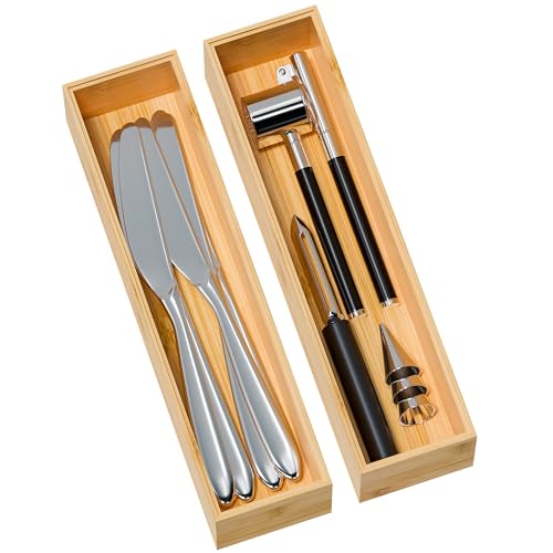 Kitchen Drawer Organizer Bins, Stackable Bamboo Deep Drawer Organizer for Silverware, Utensils, Cutlery, Flatware, Junk Drawer, Dresser, Bathroom, 12" x 3" x 2.5" (Set of 2) - color: Bamboo, size: 12 x 3 x 2.5 Inch