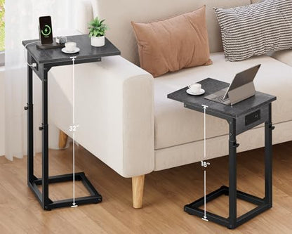 Vagusicc C Shaped End Table with Charging Station, 33" Tall Side Table for Couch, Adjustable Height C Table End Table, Couch Table Slide Under Sofa Table TV Tray Table for Living Room, Gray Walnut - color: Gray Walnut, style: Charging Station
