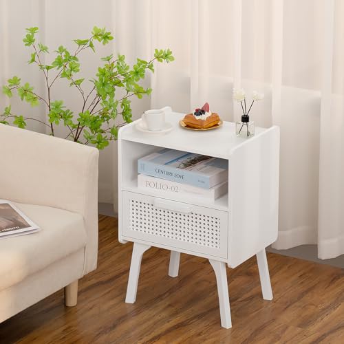 Lerliuo Rattan Nightstands Set of 2, Side Table with Drawer Open Shelf, Cane Accent Bedside End Table with Solid Wood Legs, Mid Century Modern Night Stand for Bedroom, Dorm and Small Spaces (White) - color: White, size: 2 pack