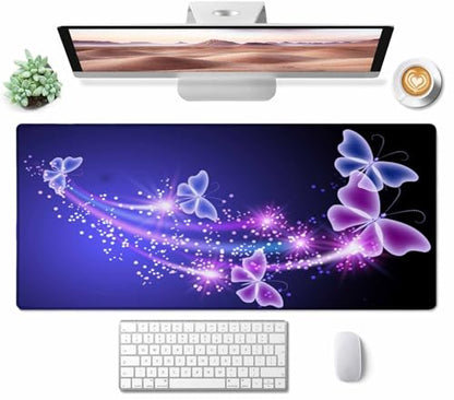 Gaming Mouse Pad, Large Mouse Pads for Women, Non-Slip Rubber Base Mousepad, Keyboard Mouse Mat, Desk Pad with Stitched Edges, 35.4x15.7inch, Glowing Butterfly - color: Glowing Butterfly, size: 35.4" x 15.7"