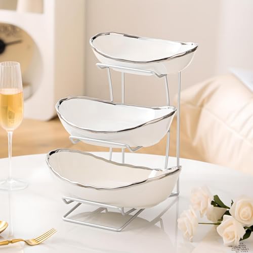 Gold Silver Fruit Bowl with Metal Stand, 3 Tier Ceramic White Fruit Bowl Fruit Rack for Kitchen Counter, Tiered Fruit Basket for Snacks Bread Candy Storage (White B (Smooth Surface)) - color: White B (Smooth Surface)