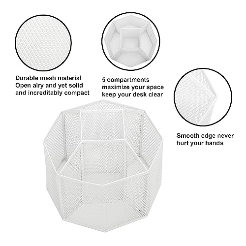Annova Mesh Desk Organizer Rotate with 5 Compartments Spinning Tidy Candy/Pen Holder Office, Art Supply, Storage, Classroom, Home (White) - color: White