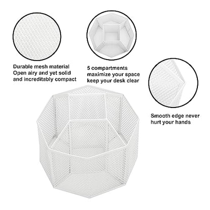 Annova Mesh Desk Organizer Rotate with 5 Compartments Spinning Tidy Candy/Pen Holder Office, Art Supply, Storage, Classroom, Home (White) - color: White