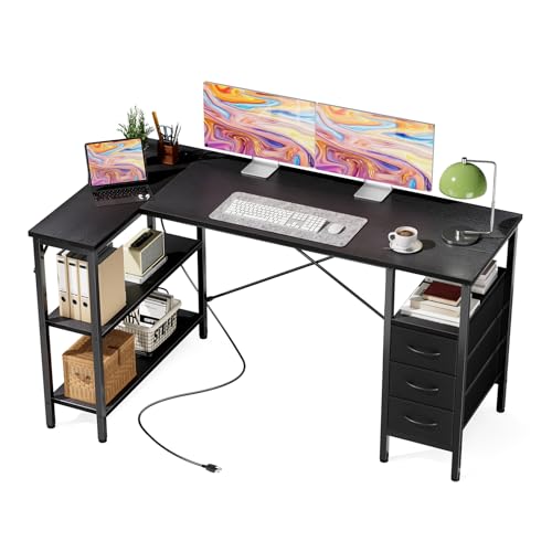 DUMOS L Shaped Desk with Shelf Drawers 55 Inch, Black Corner Computer Desks Gaming with Power Outlet, Study Table with Adjustable Shelves, Home Office Tables for Bedroom Teacher Reading Writing - color: Ink