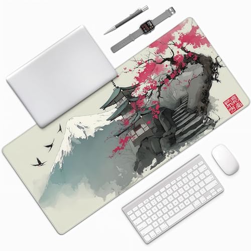 Japanese Pagoda Mouse Pad, Large Extended Gaming Desk Mat, Mount Fuji Cherry Blossom Design, Soft Cloth Surface with Rubber Base, 35.4in x 15.7in - color: Fuji Cherry Blossom