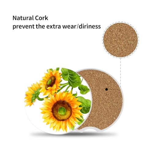 Sunflower Car Coasters for Drinks Absorbent,2 Pack Cup Holders,2.56" Ceramic Stone & Non-Scratch Cork Base Coasters,Auto Accessories for Women & Men - color: Sunflower