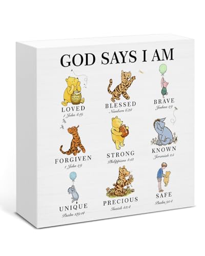 Pooh Bear Christian Decor, Inspirational Gifts for Kids Teen God Says I Am Wooden Sign for Nursery Classrooms Bedroom Shelf, Bible Verse Decorations 5 x 5 Inches - color: GOD