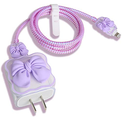 Compatible with iPhone 18W/20W USB-C Charger Cover Cute 3D Bow Tie Design Clear Soft Charger Protector Kawaii Cable Saver for iPhone 11 12 13 14 Pro Max Fast Power Adapter, Purple 2 (5in1) - color: Purple 2 (5 in 1)